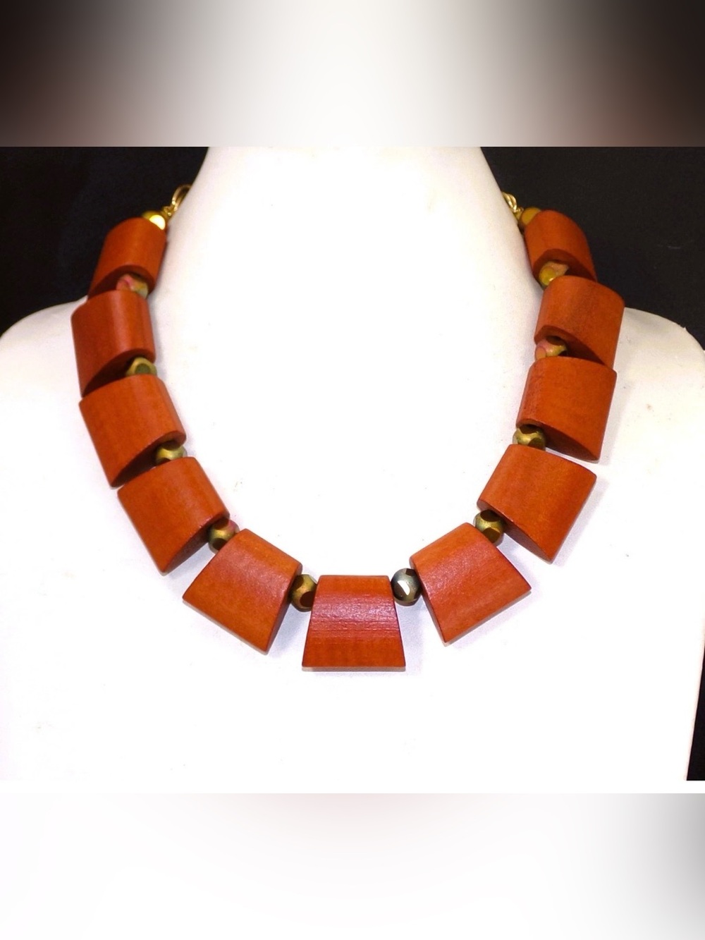 Brown Wood Bead Necklace w/ Round Metal Beads Bohemian Statement Jewelry New